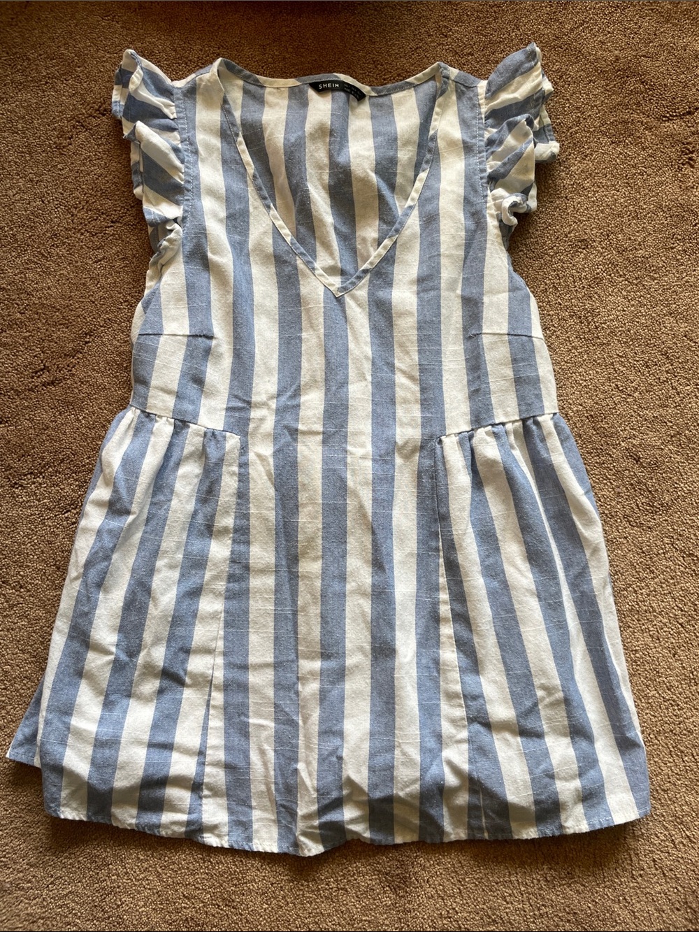 SHEIN Blue & White Stripe V-Neck Ruffle Sleeve top- nursing & maternity friendly